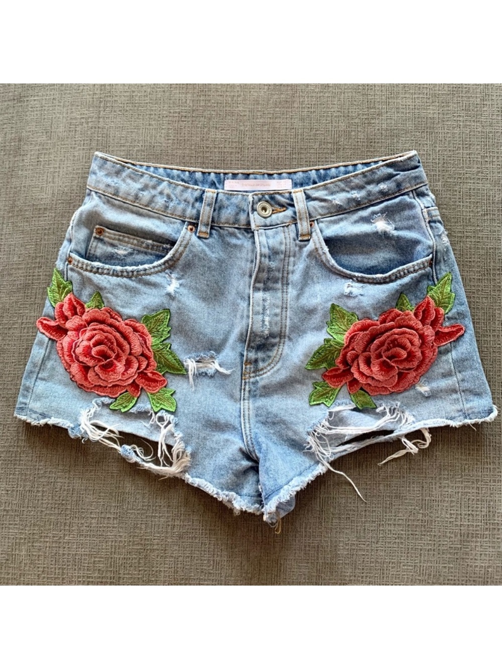 Zara Trafaluc Light Blue Denim Shorts with Red Rose Appliqué